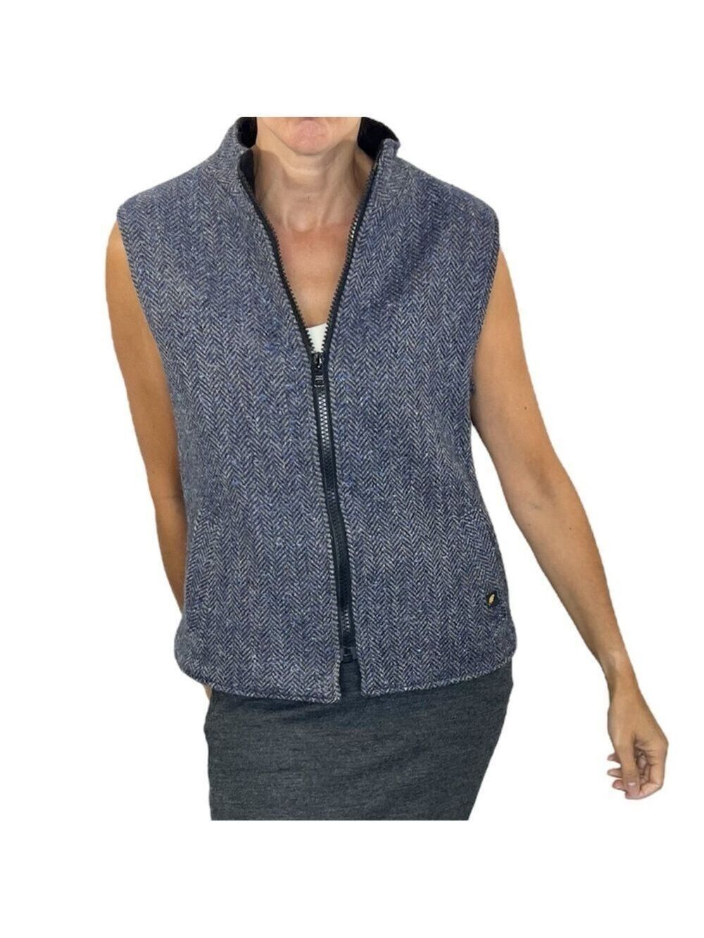 Hatman of Ireland Donegal tweed wool herringbone blue grey fleece lined vest L